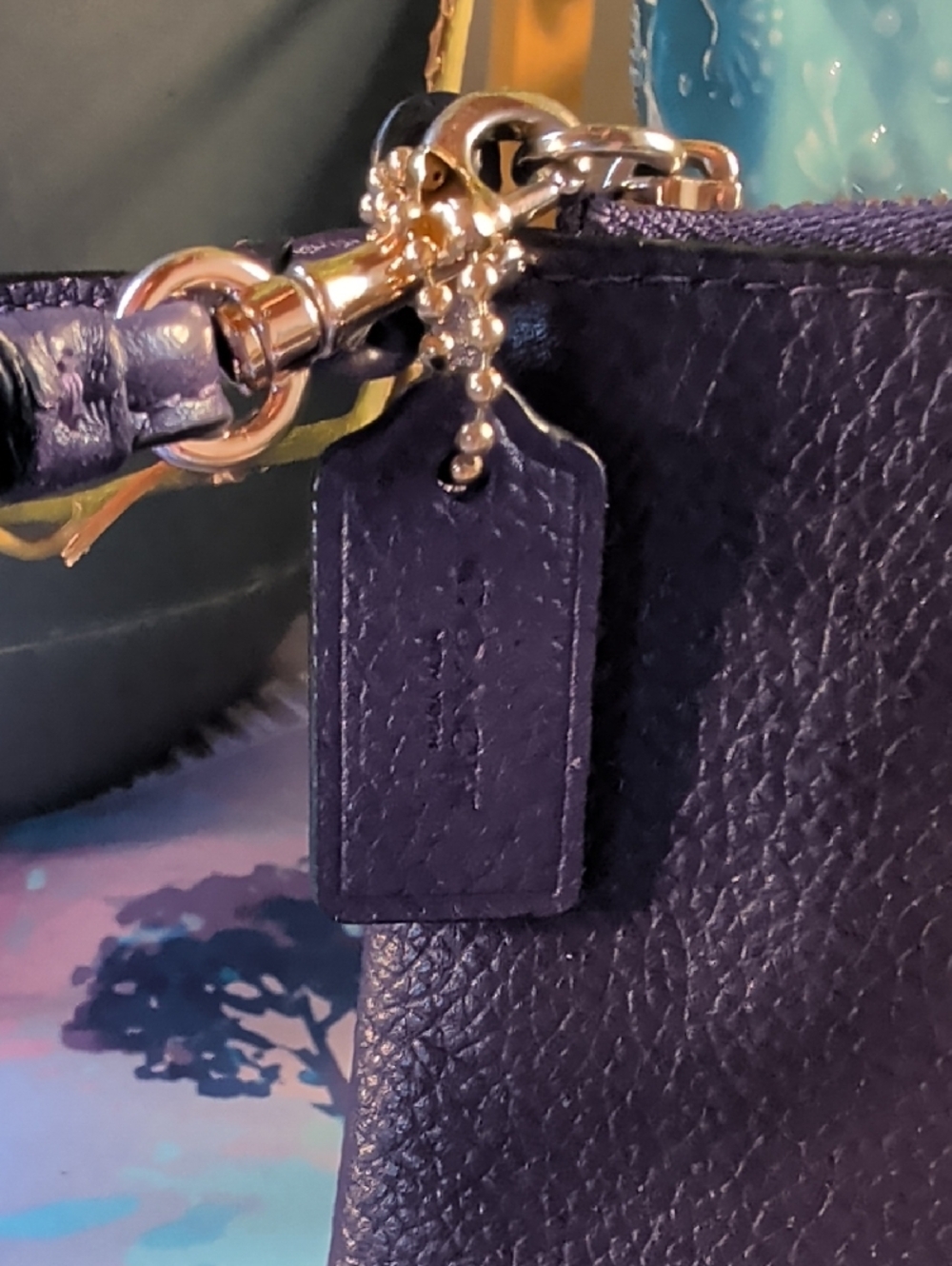 Coach Purple Pebbled Leather Wristlet with Gold Accents - Picture 3 of 8